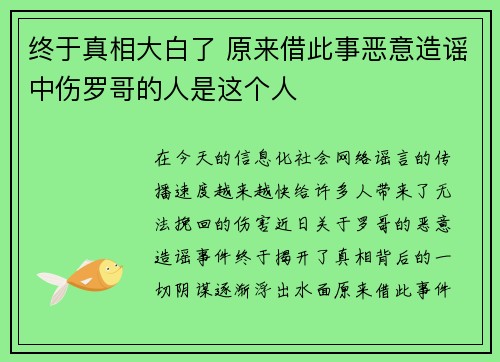 终于真相大白了 原来借此事恶意造谣中伤罗哥的人是这个人