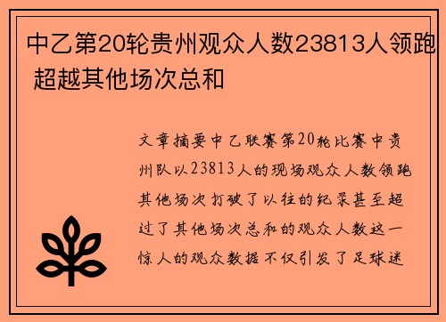 中乙第20轮贵州观众人数23813人领跑 超越其他场次总和